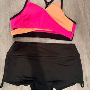 PINK Victoria's Secret Pink and Orange Sports Bra with Black Shorts